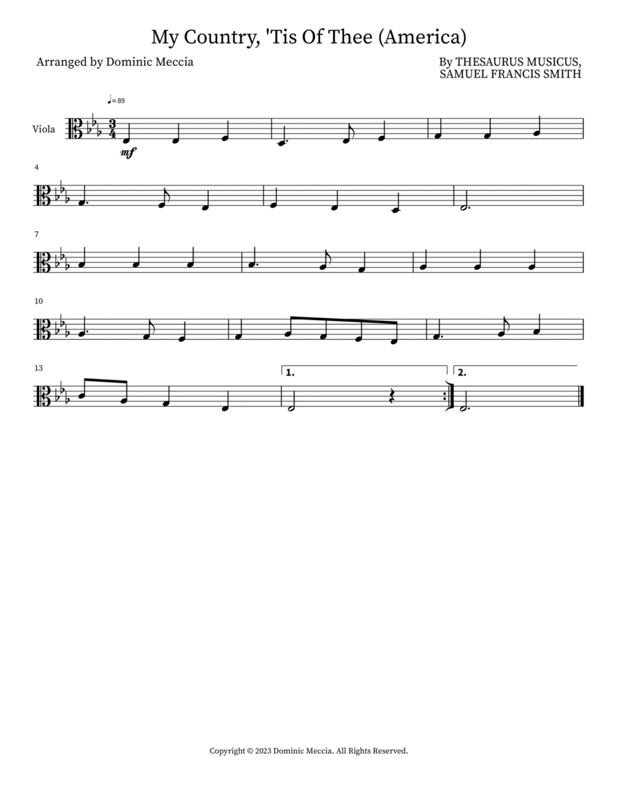 My Country, 'Tis Of Thee (America) Viola Solo scores gallery preview page 1