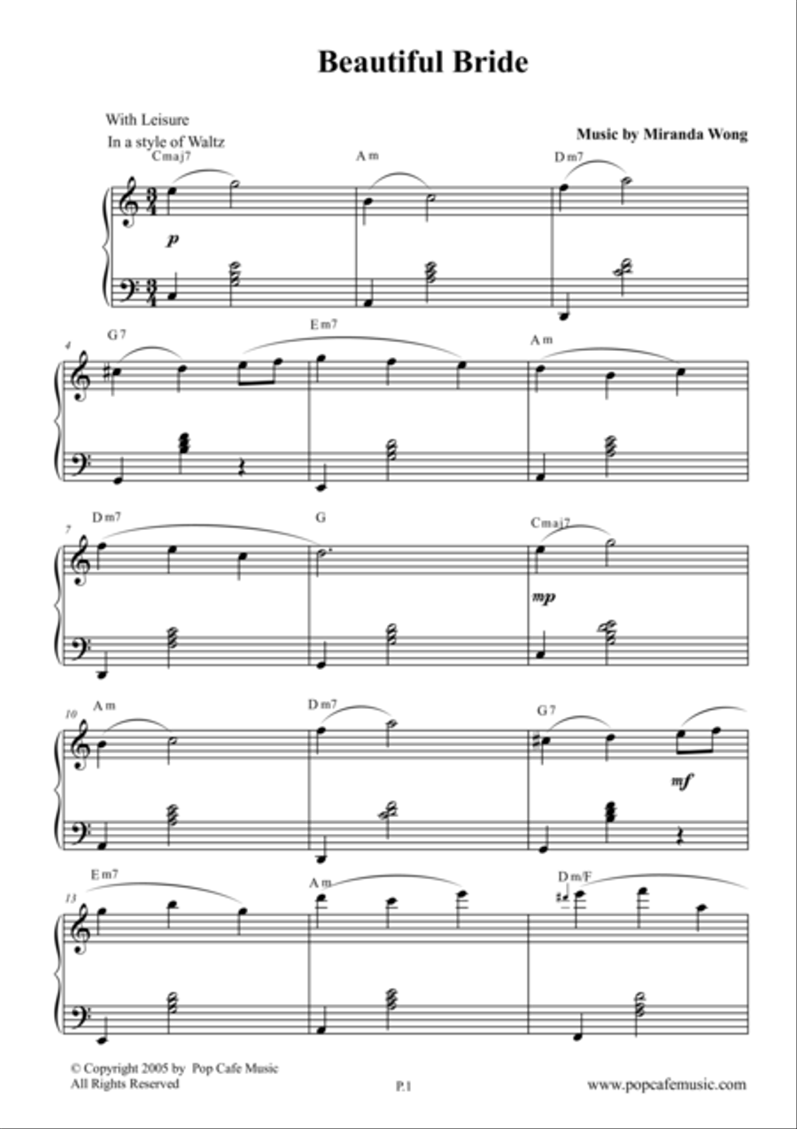 Beautiful Bride - Piano Solo in C Key 4-Part scores gallery preview page 1