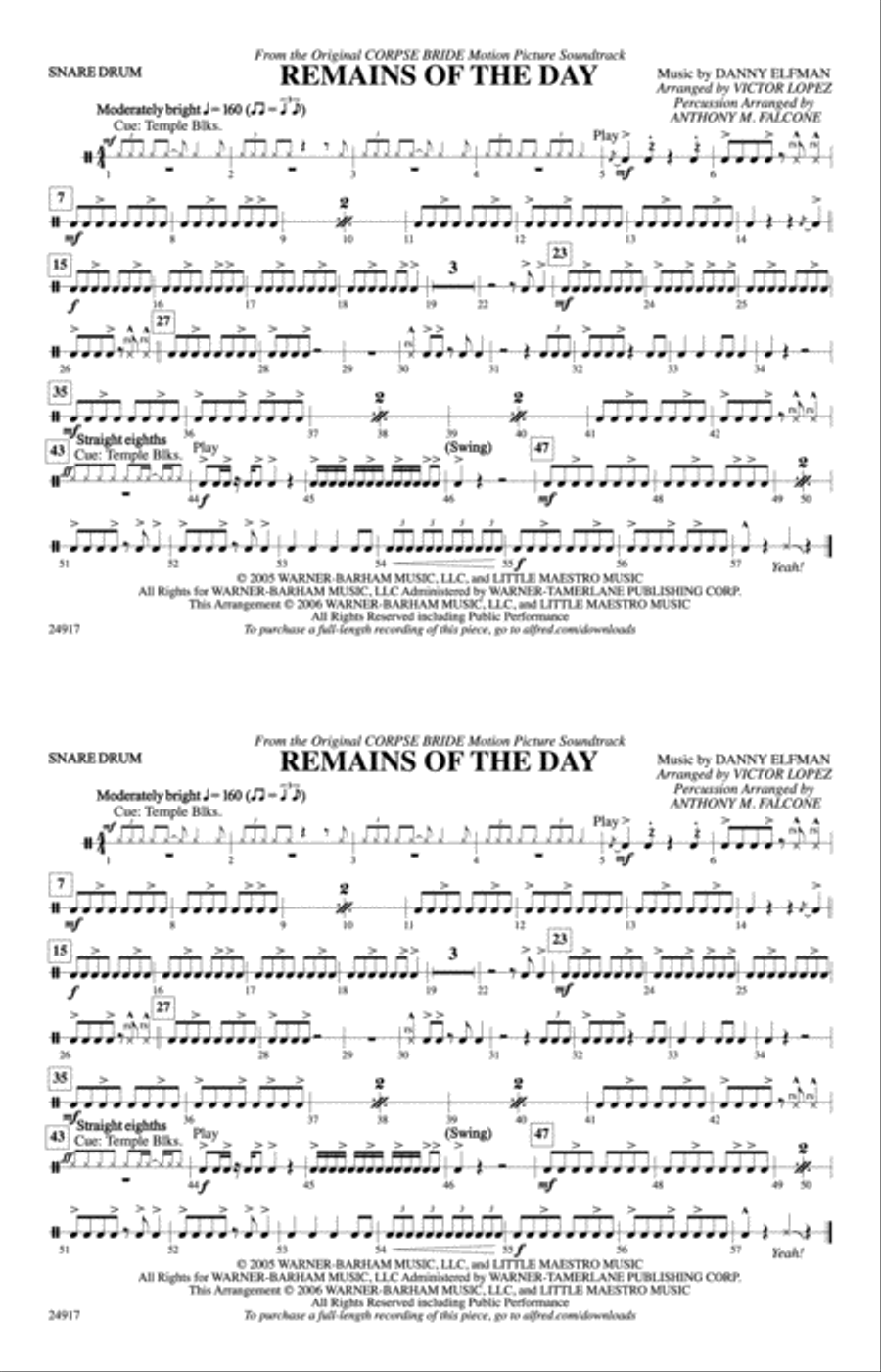 Remains of the Day (from Corpse Bride): Snare Drum Marching Band scores gallery preview page 1