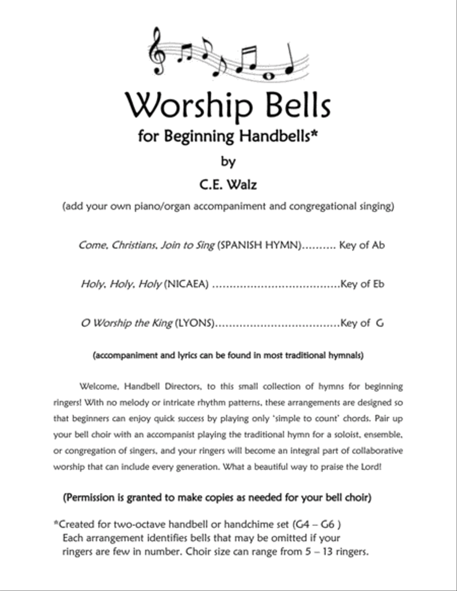 WORSHIP BELLS - three hymns for beginning handbells Handbell Choir scores gallery preview page 1