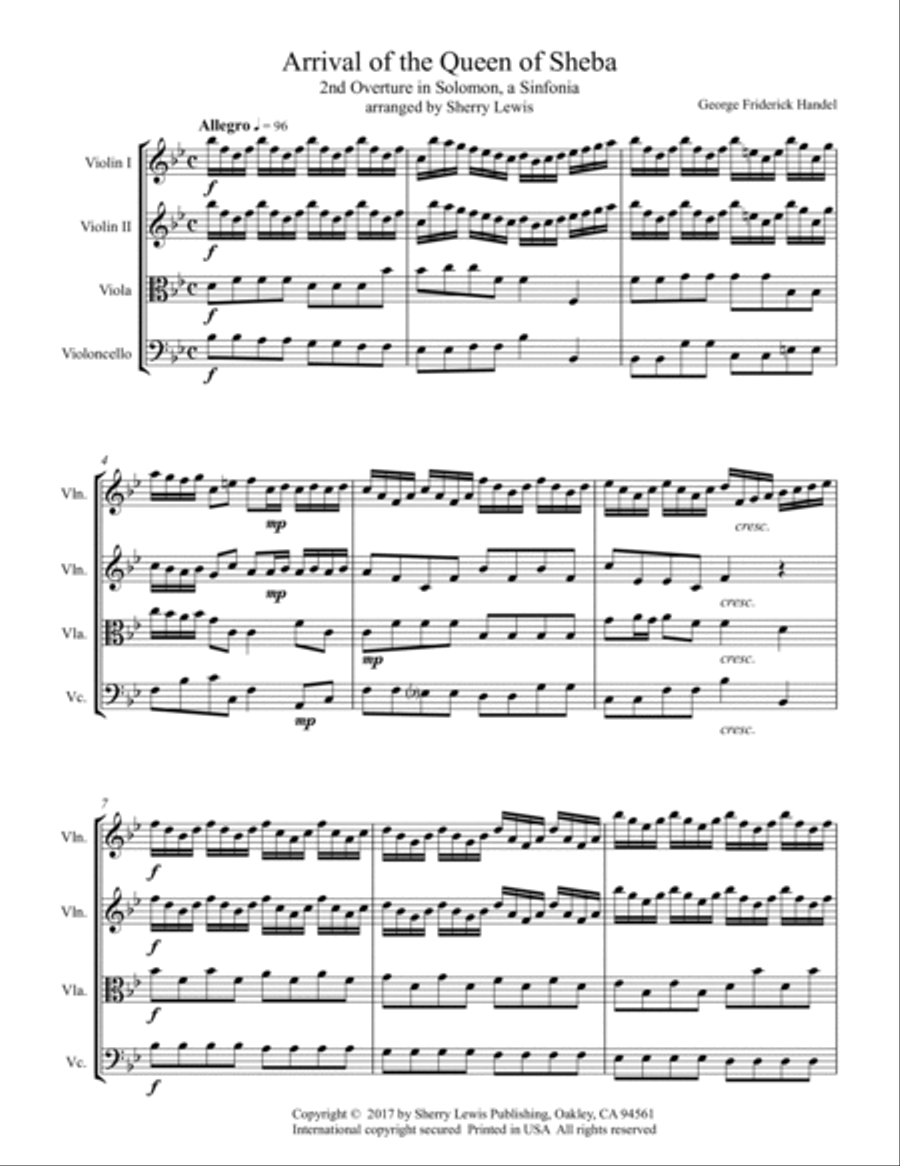 ARRIVAL OF THE QUEEN OF SHEBA String Quartet, Intermediate Level for 2 violins, viola and cello String Quartet scores gallery preview page 4