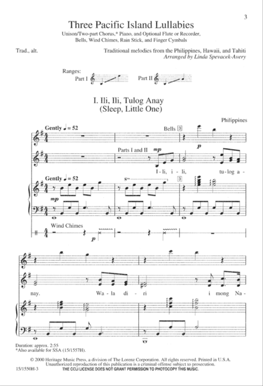 Three Pacific Island Lullabies Unison Choir scores gallery preview page 4