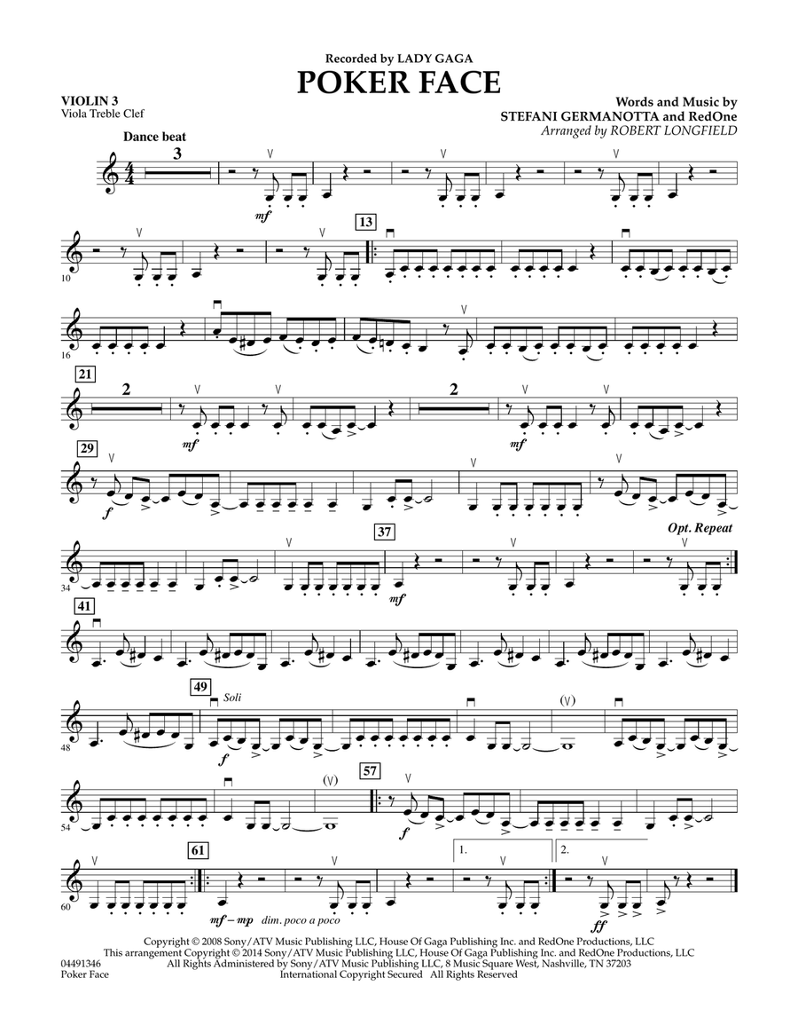 Poker Face - Violin 3 (Viola T.C.) Orchestra scores gallery preview page 1