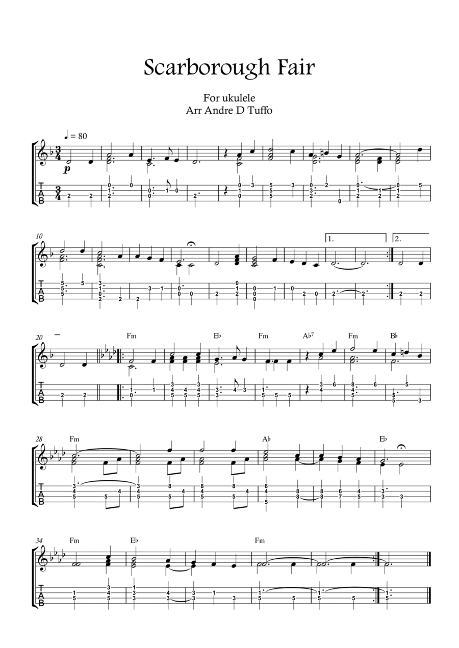 Scarborough Fair UKULELE SOLO. (Medieval ) BEGINNER Chamber Music scores gallery preview page 1