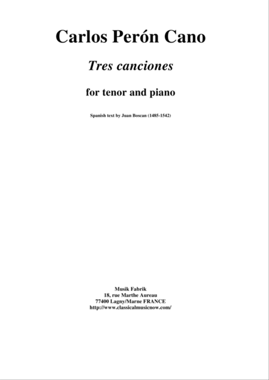 Carlos Perón Cano:: Tres canciones for tenor and piano Tenor Voice scores gallery preview page 1