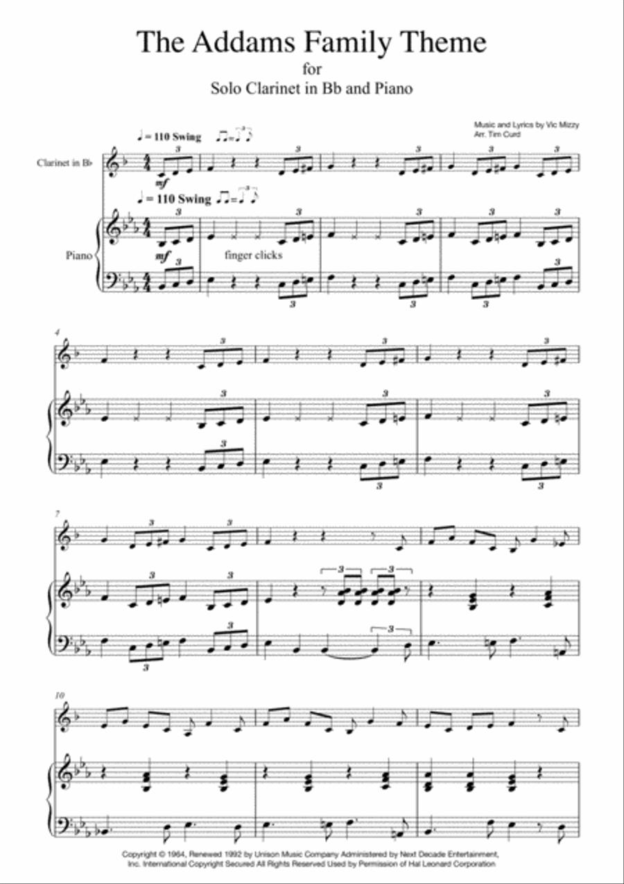 Addams Family Theme Addams Family Theme Clarinet Solo scores gallery preview page 1