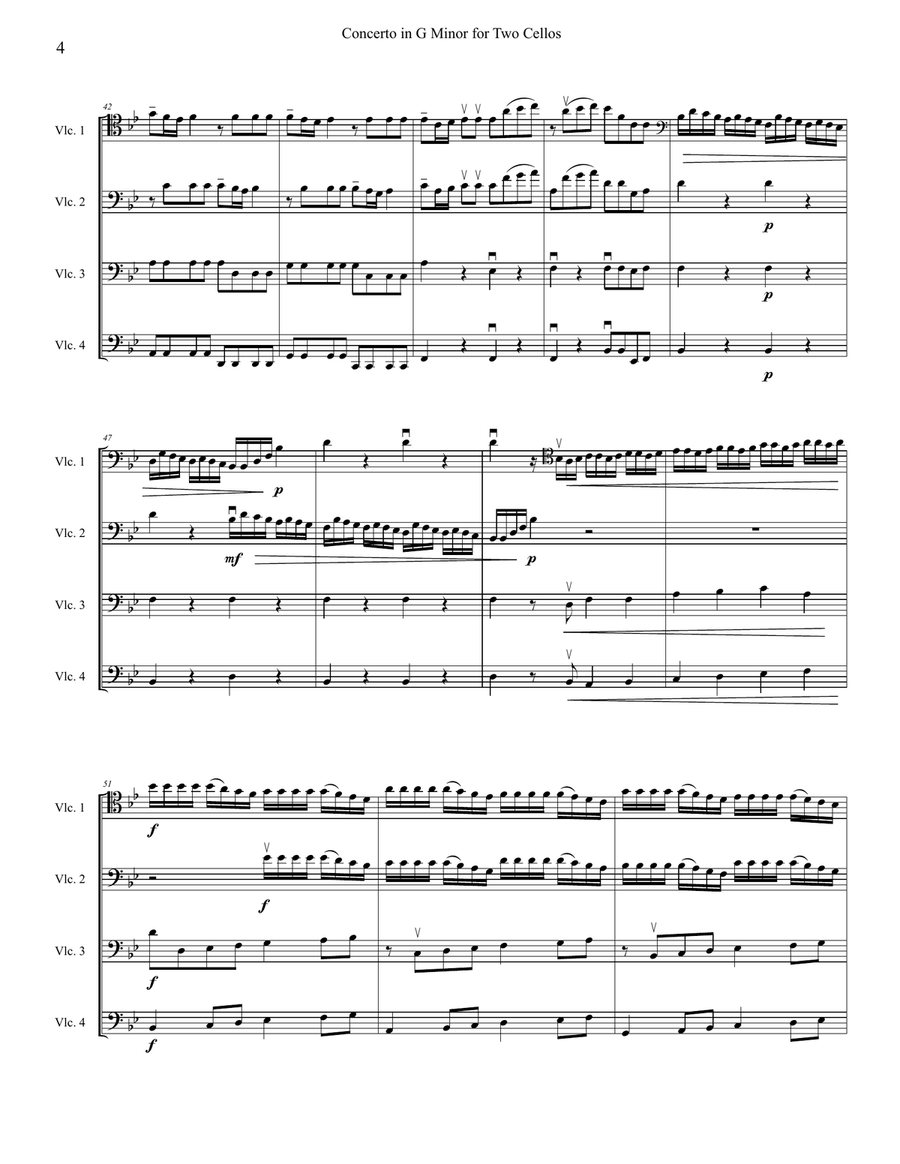 Vivaldi Concerto for Two Cellos in G Minor, arranged for cello quartet (four cellos), RV 531 1st mov String Orchestra scores gallery preview page 4