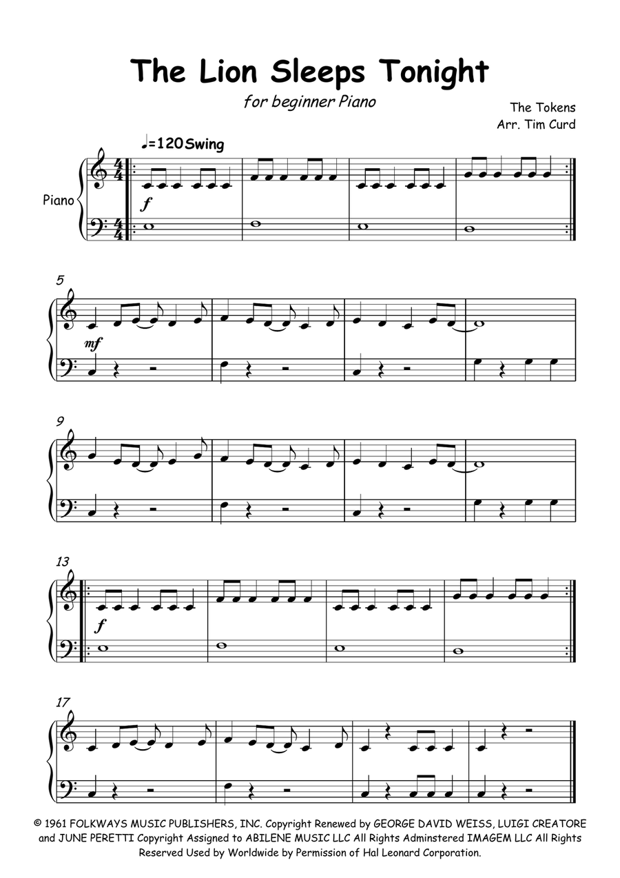 The Lion Sleeps Tonight Easy Piano scores gallery preview page 1