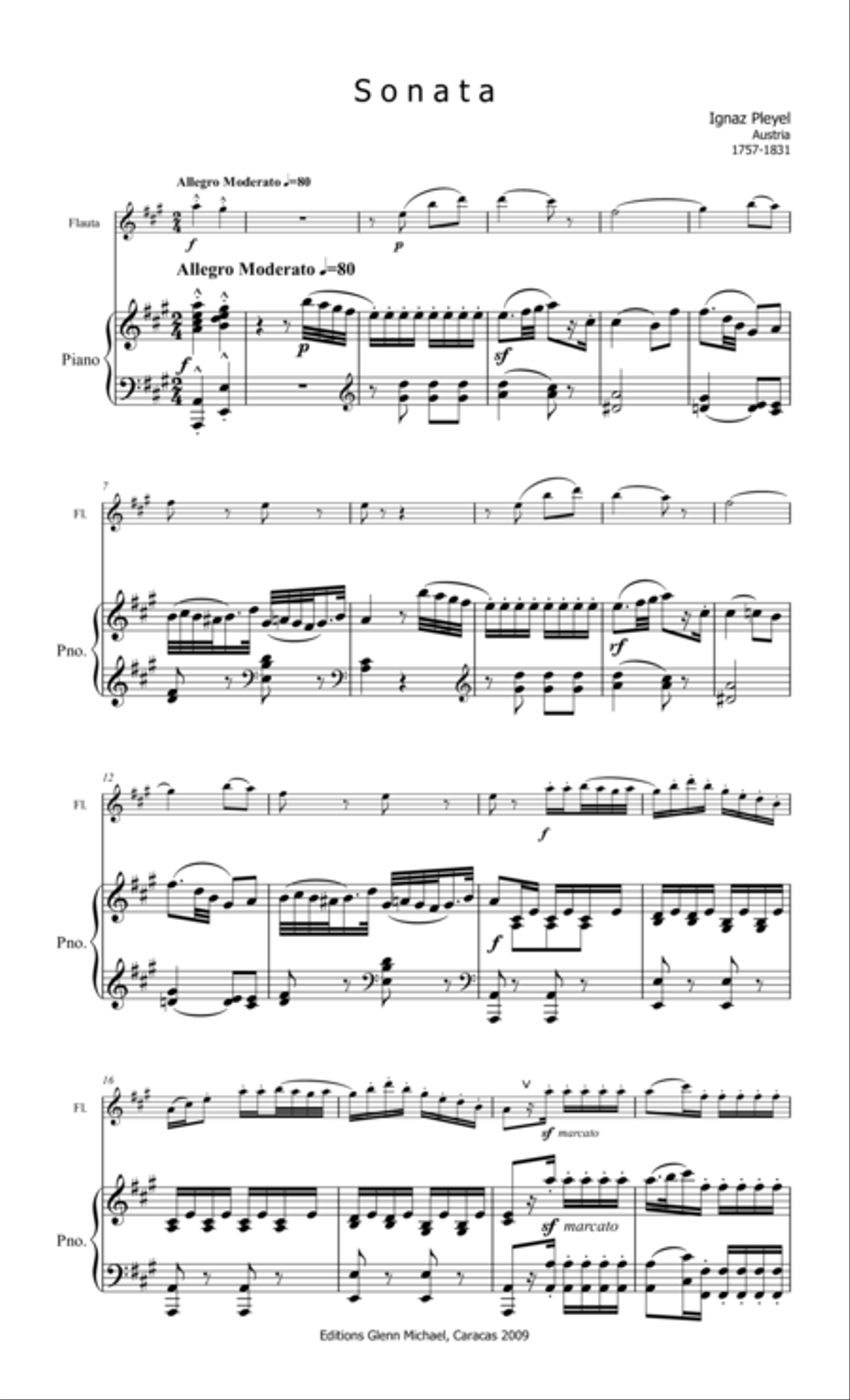 Pleyel, Sonata for flute & piano Flute Solo scores gallery preview page 1