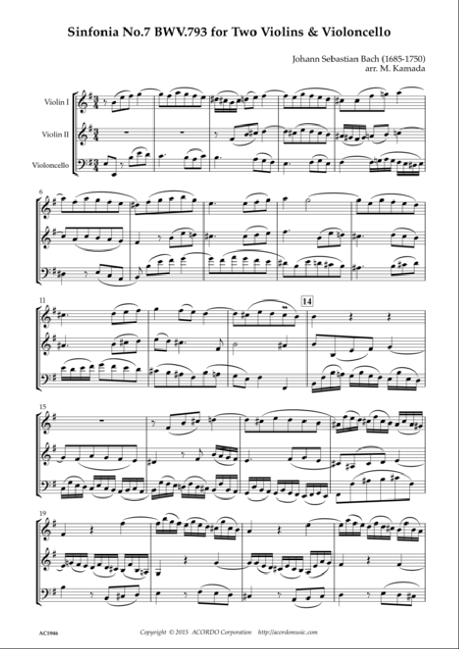Sinfonia No.7 BWV.793 for Two Violins & Violoncello String Trio scores gallery preview page 1