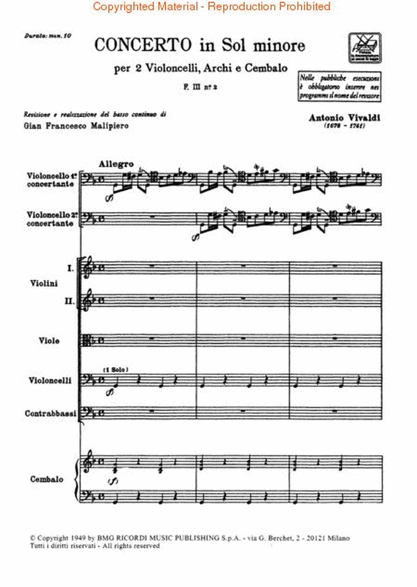 Concerto in G Minor for 2 Violoncellos Strings and Basso Continuo RV531