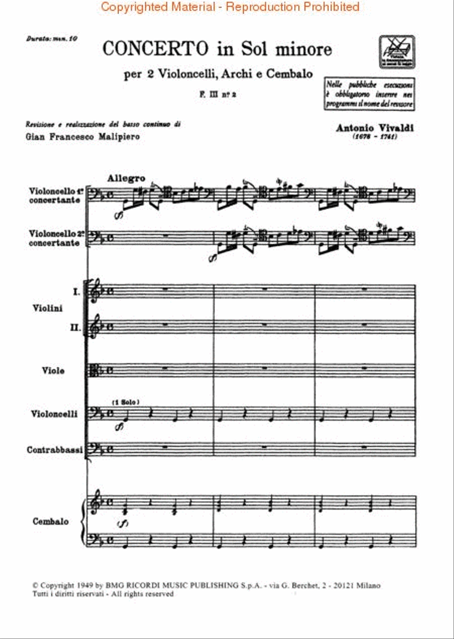 Concerto in G Minor for 2 Violoncellos Strings and Basso Continuo RV531 Orchestra scores gallery preview page 2