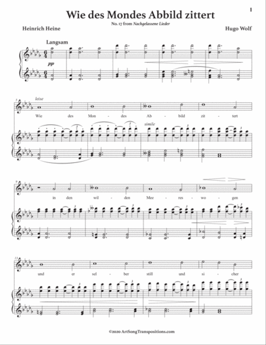 WOLF: Wie des Mondes Abbild zittert (transposed to D-flat major) Voice scores gallery preview page 2