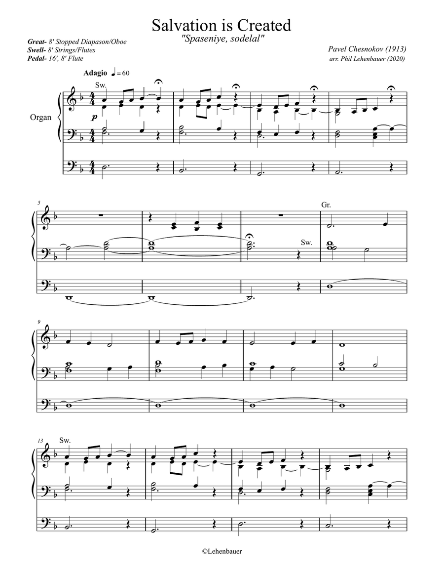 Salvation is Created (Spaseniye, Sodelal) organ work, by Chesnokov, arr. by Phil Lehenbauer Organ Solo scores gallery preview page 2