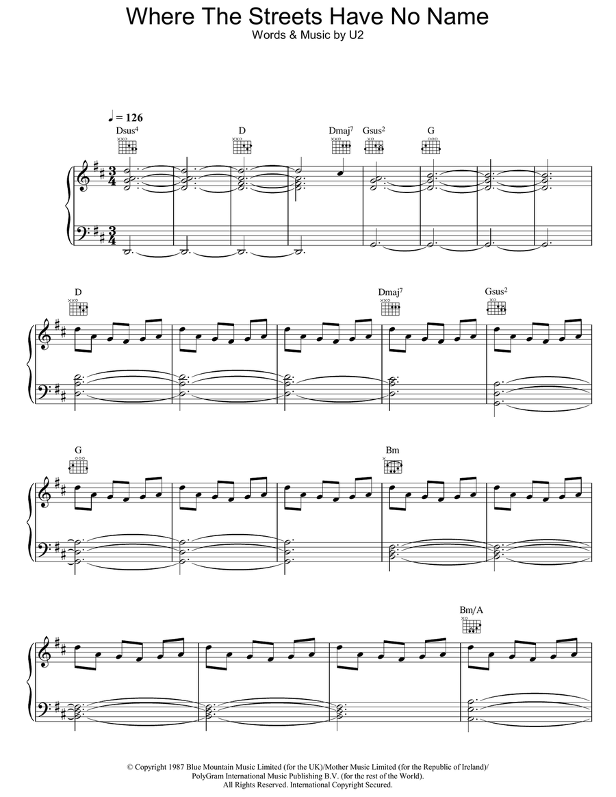 Where The Streets Have No Name Piano, Vocal, Guitar scores gallery preview page 1