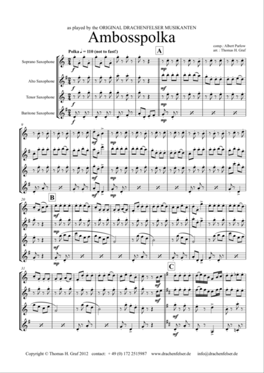 Amboss-Polka - German Polka - Oktoberfest - Saxophone Quartet Saxophone Quartet scores gallery preview page 1