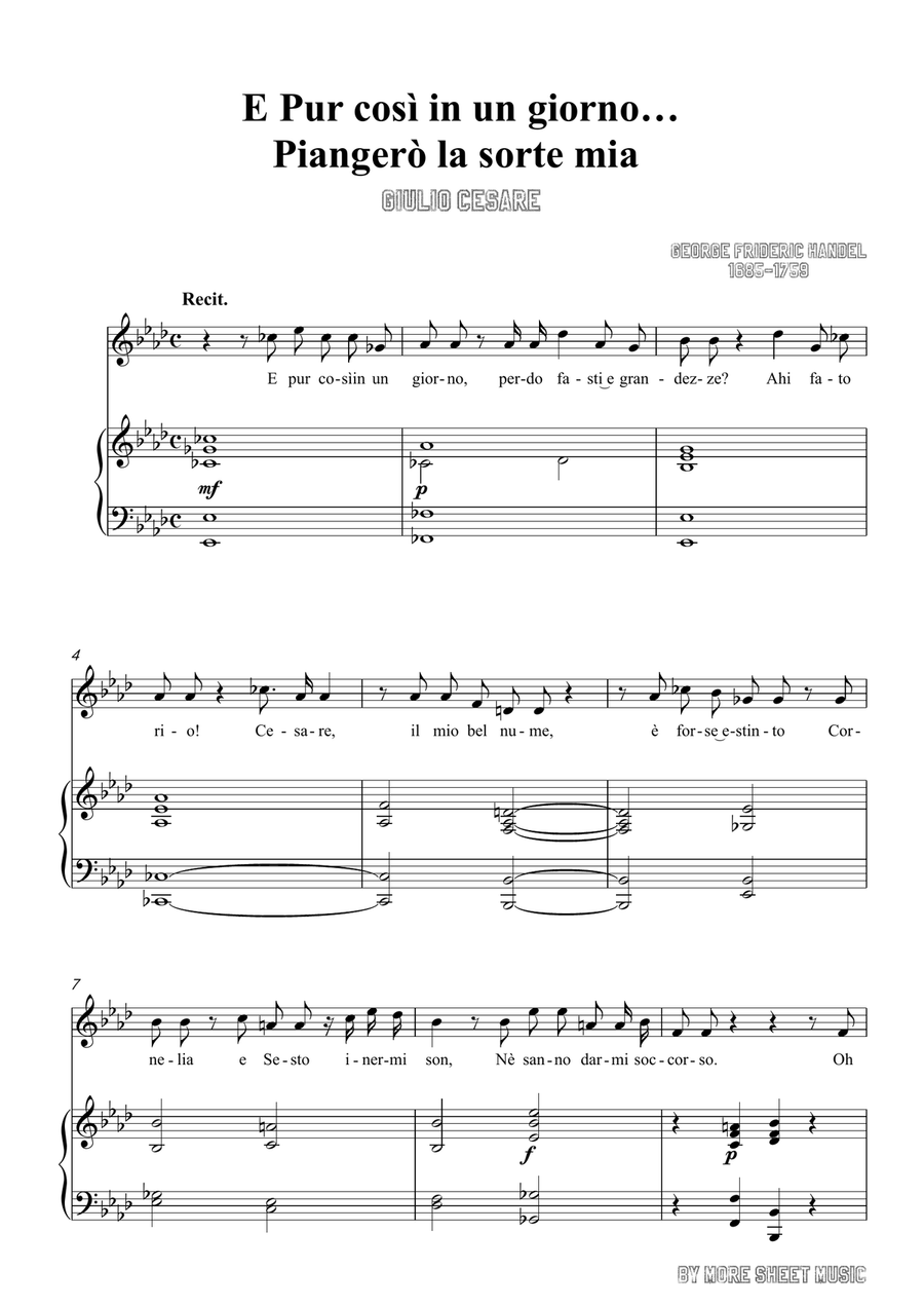 Handel-E pur così in un giorno...Piangerò la sorte mia in D flat Major,for Voice and Piano Piano, Vocal scores gallery preview page 3
