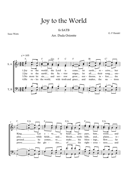 Joy to the World (F major - SATB - with chords - no piano - four staff) image number null