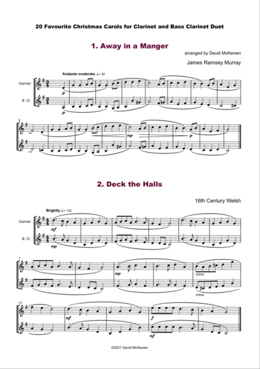 20 Favourite Christmas Carols for Clarinet and Bass Clarinet Duet Clarinet Duet scores gallery preview page 3