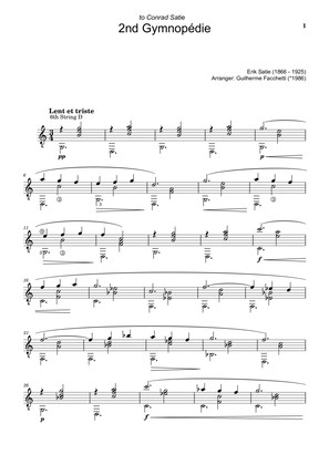 Book cover for Erik Satie - 2nd Gymnopédie. Arrangement for Classical Guitar.