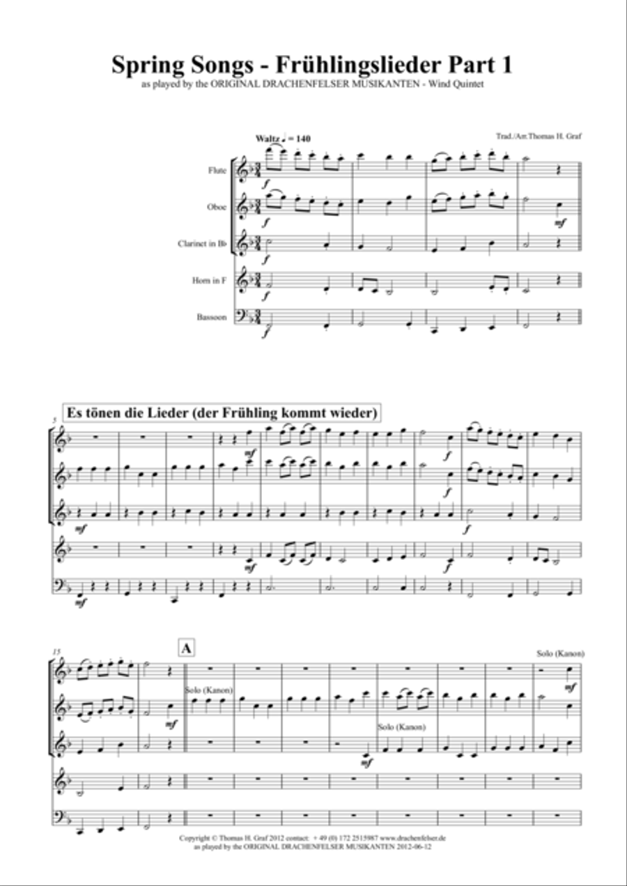 Spring Songs - Frühlingslieder - Part 1 - German Folk Songs - Wind Quintet Spring Songs - Frühlingslieder - Part 1 - German Folk Songs - Wind Quintet Woodwind Quintet scores gallery preview page 1
