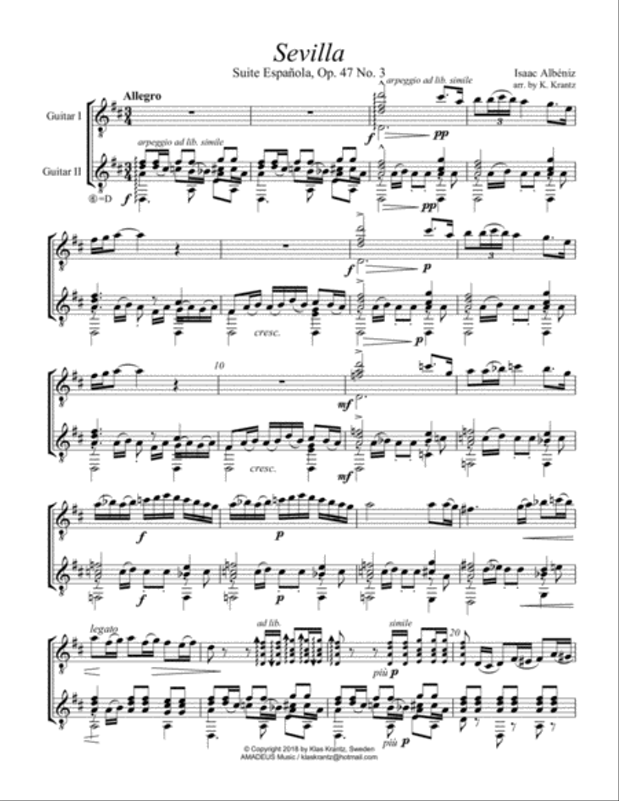 Sevilla Op. 47 No. 3 for guitar duo (D Major) Acoustic Guitar scores gallery preview page 2