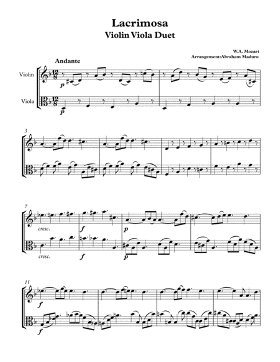 Lacrimosa from Mozart´s Requiem Violin-Viola Duet String Duet scores gallery preview page 1