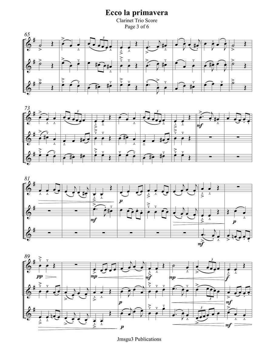 Landini: Ecco la Primavera for Clarinet Trio Clarinet Trio scores gallery preview page 3
