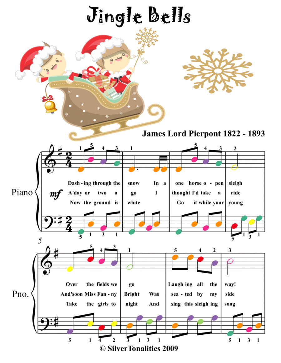 Jingle Bells Easy Piano Sheet Music with Colored Notes