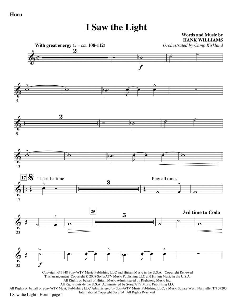I Saw The Light - F Horn Choir scores gallery preview page 1