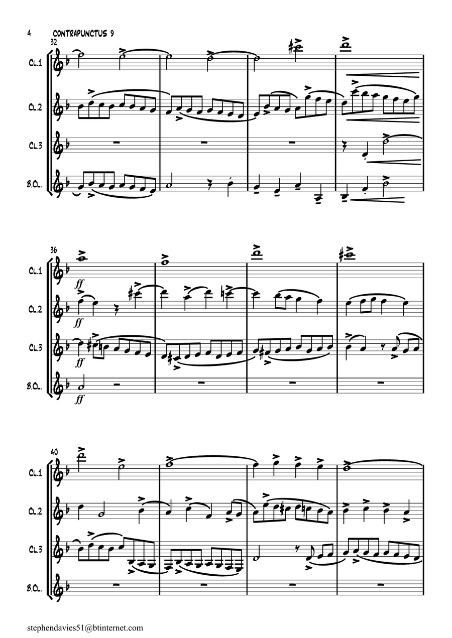'Contrapunctus 9' By J.S.Bach BWV 1080 from 'The Art of the Fugue' for Clarinet Quartet. Clarinet Quartet scores gallery preview page 4