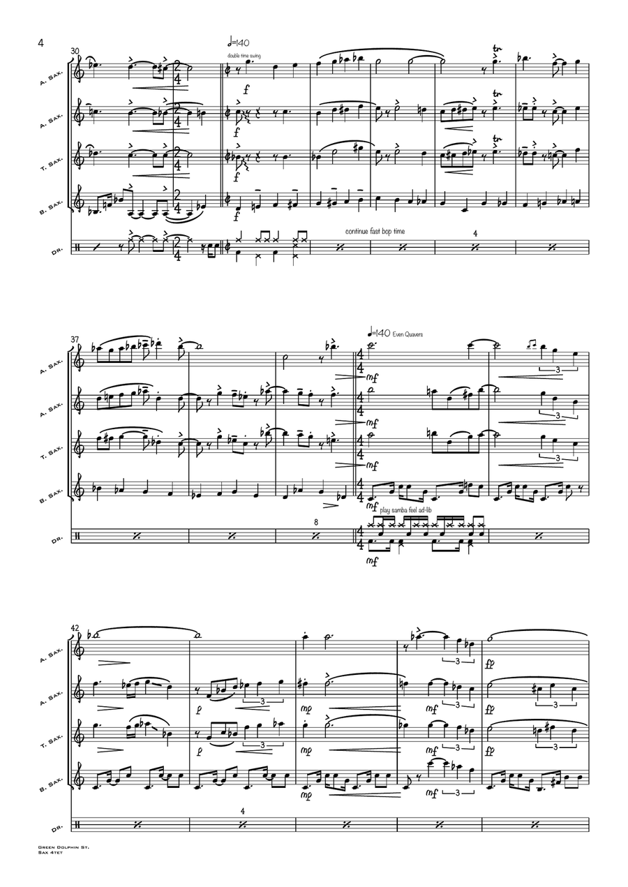 On Green Dolphin Street Saxophone Quartet scores gallery preview page 4