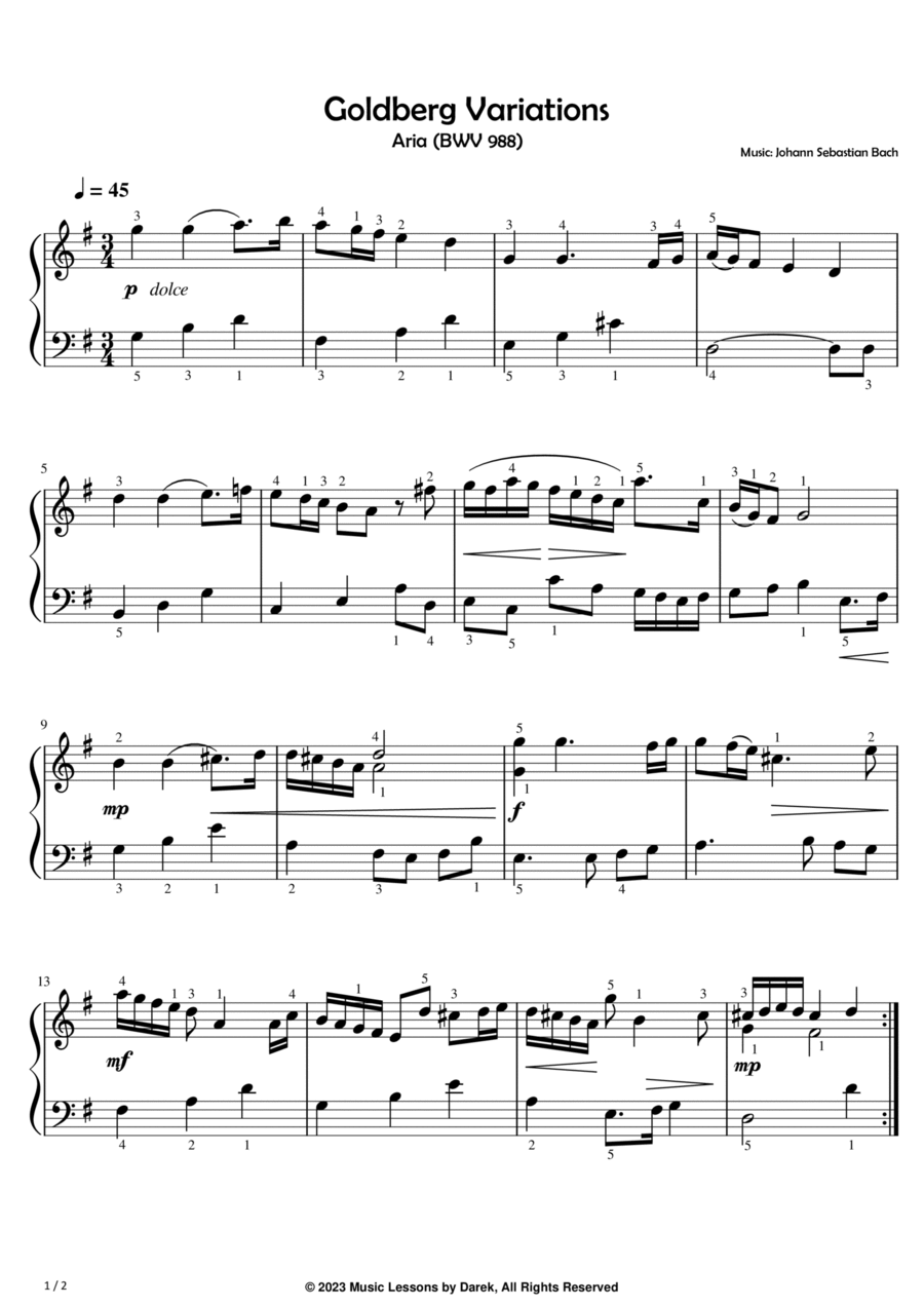 Goldberg Variations (EASY PIANO) Aria (BWV 988) [Johann Sebastian Bach] Voice Solo scores gallery preview page 1