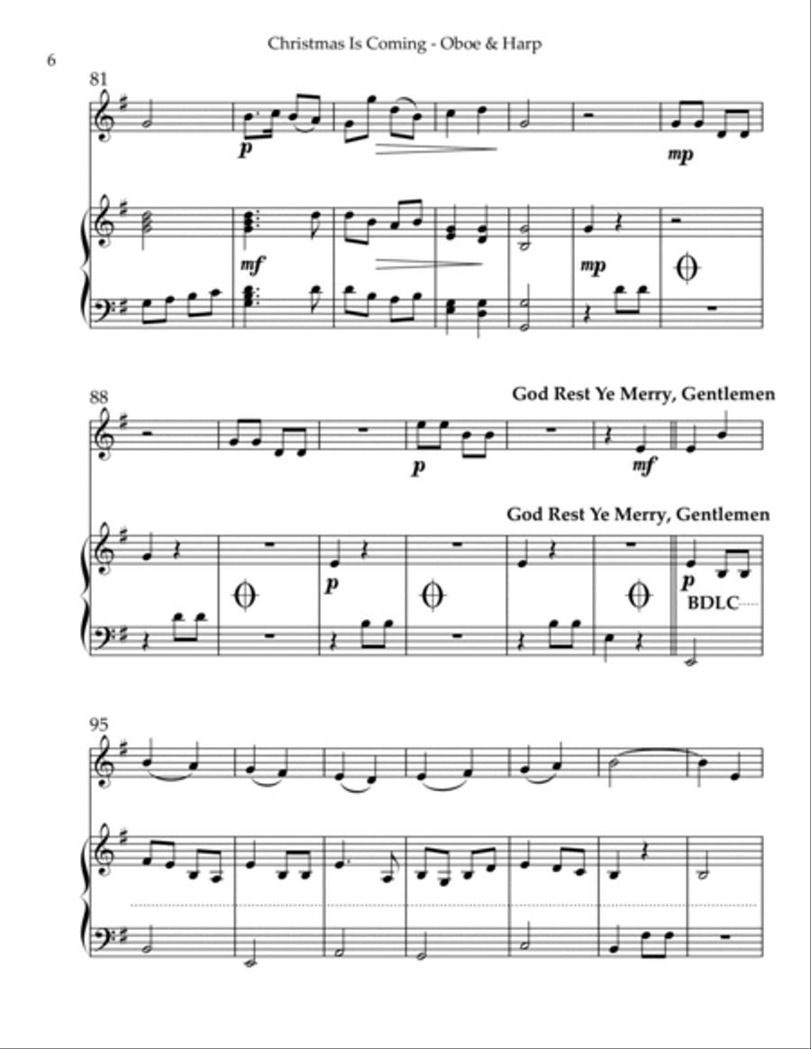Christmas is Coming, Duet for Oboe & Harp Oboe scores gallery preview page 6