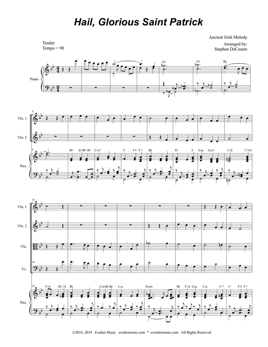 Hail, Glorious Saint Patrick (String Quartet and Piano) String Quartet scores gallery preview page 1