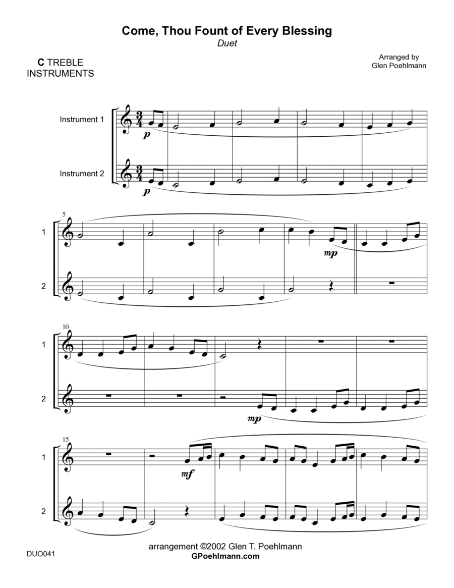 COME THOU FOUNT OF EVERY BLESSING - unaccompanied DUET for any orchestral instruments! Woodwind Duet scores gallery preview page 1