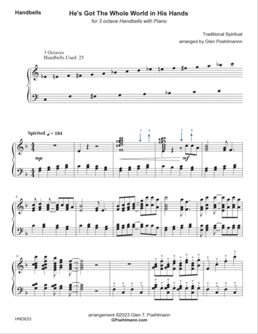 HE'S GOT THE WHOLE WORLD IN HIS HANDS - 3 Octave Handbells with Piano (Grade 3 & 3+) 3-Octaves scores gallery preview page 4