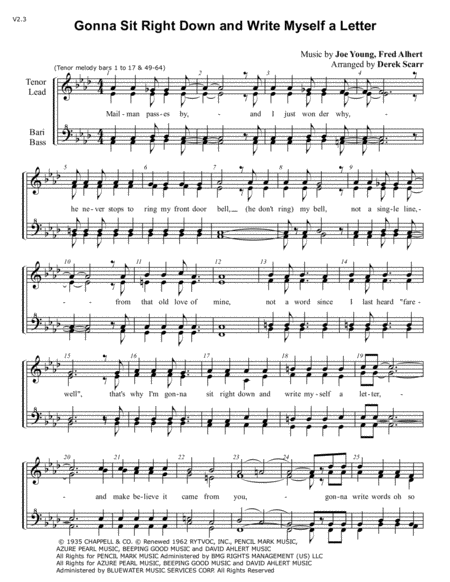 I'm Gonna Sit Right Down And Write Myself A Letter by Billy Williams - SSAA  - Digital Sheet Music