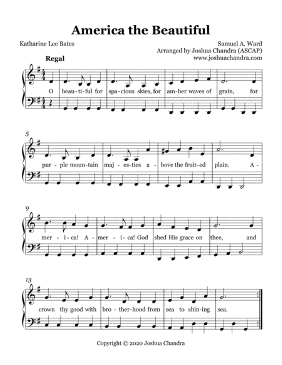 America the Beautiful in G (Easy Piano) America the Beautiful in G (Easy Piano) Piano Method scores gallery preview page 1