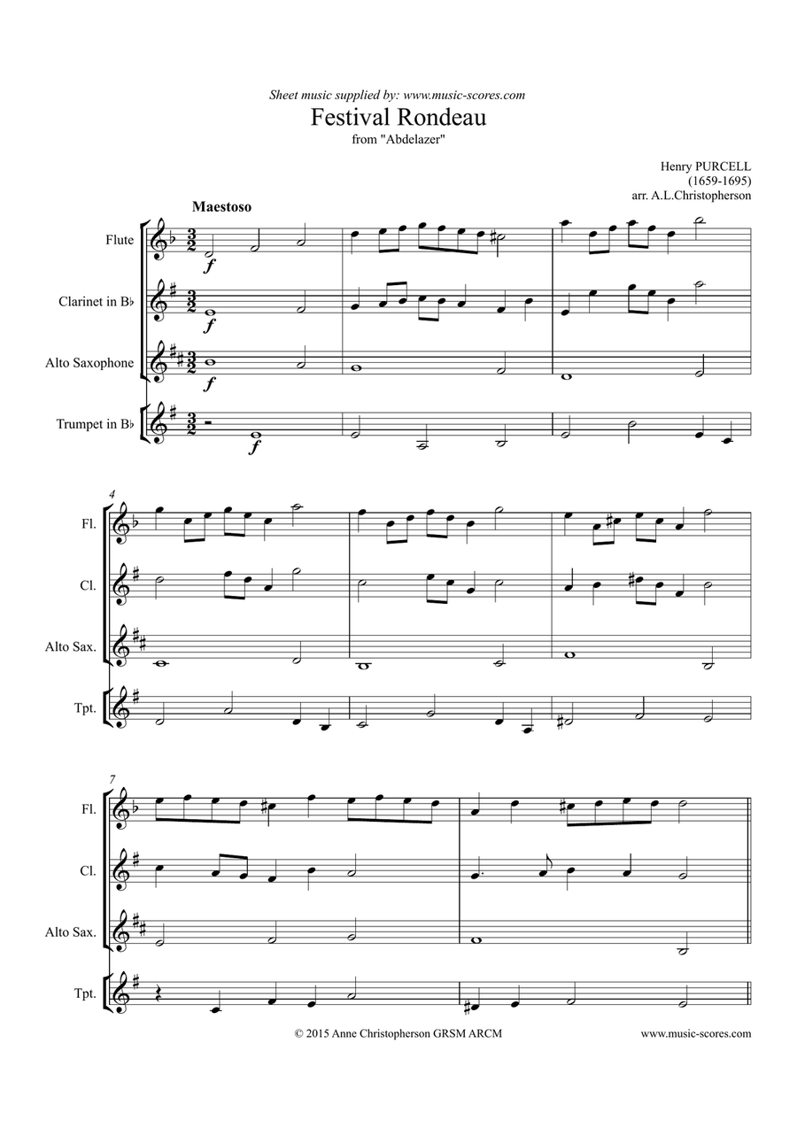 Festival Rondeau from Abdelazer - Flute, Clarinet, Alto Sax & Trumpet Small Ensemble scores gallery preview page 1