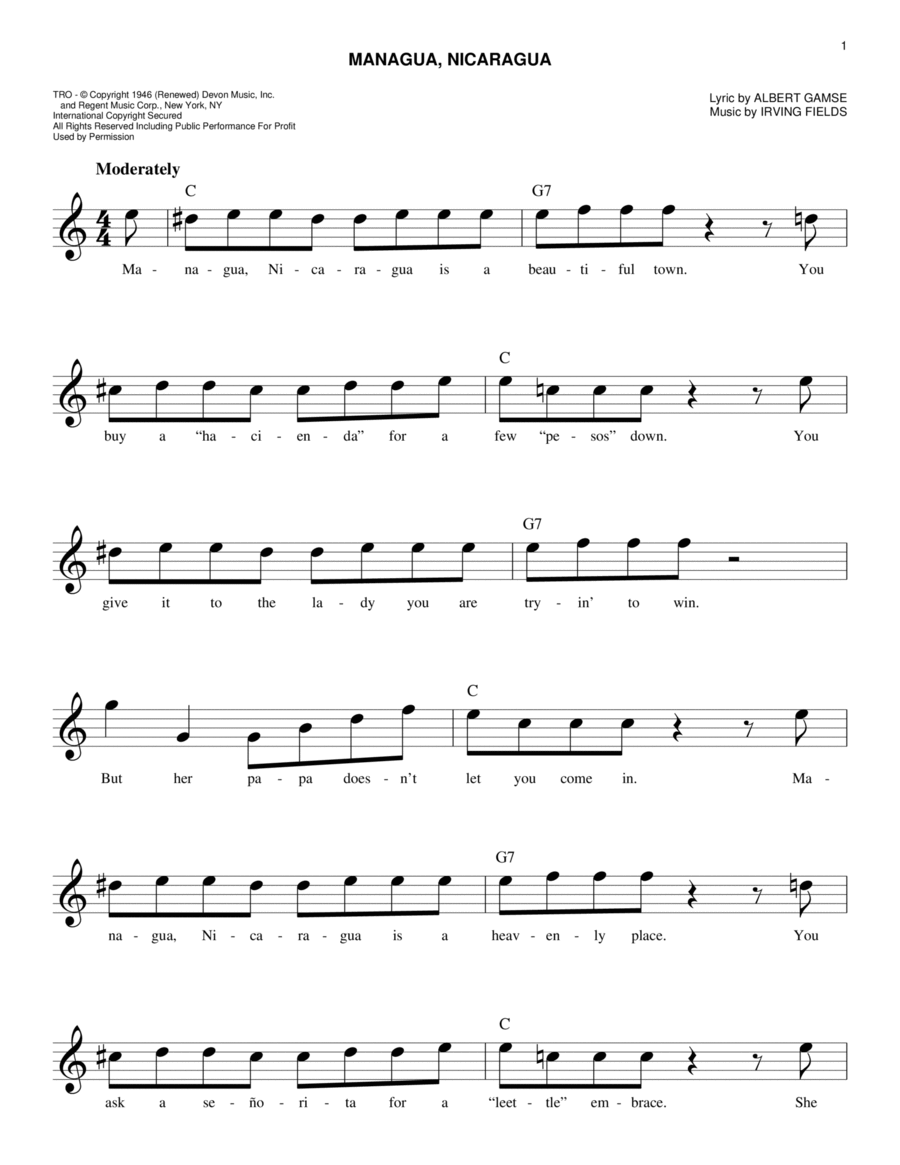 Managua, Nicaragua Piano scores gallery preview page 1