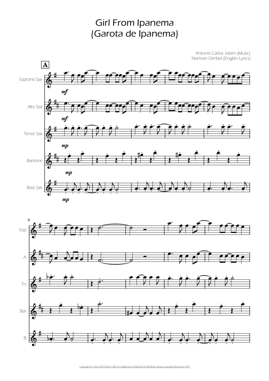 The Girl From Ipanema (garôta De Ipanema) Saxophone Quintet scores gallery preview page 1
