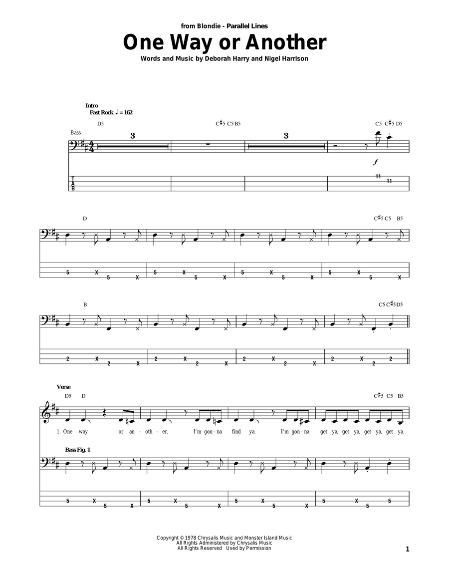 One Way Or Another Bass Guitar Tablature scores gallery preview page 1
