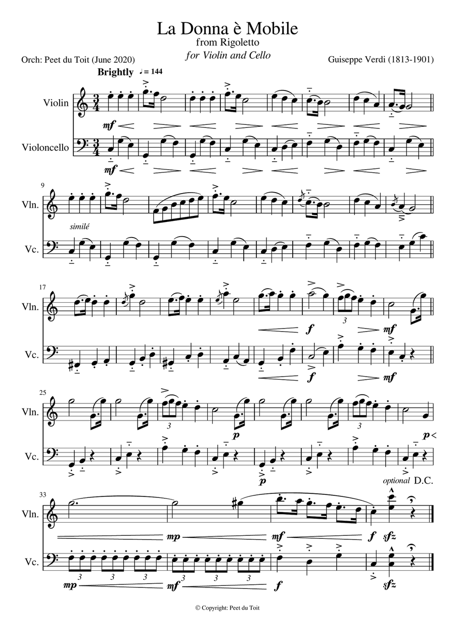 La Donna è Mobile from Rigoletto - G Verdi (Violin & Cello) String Duet scores gallery preview page 1