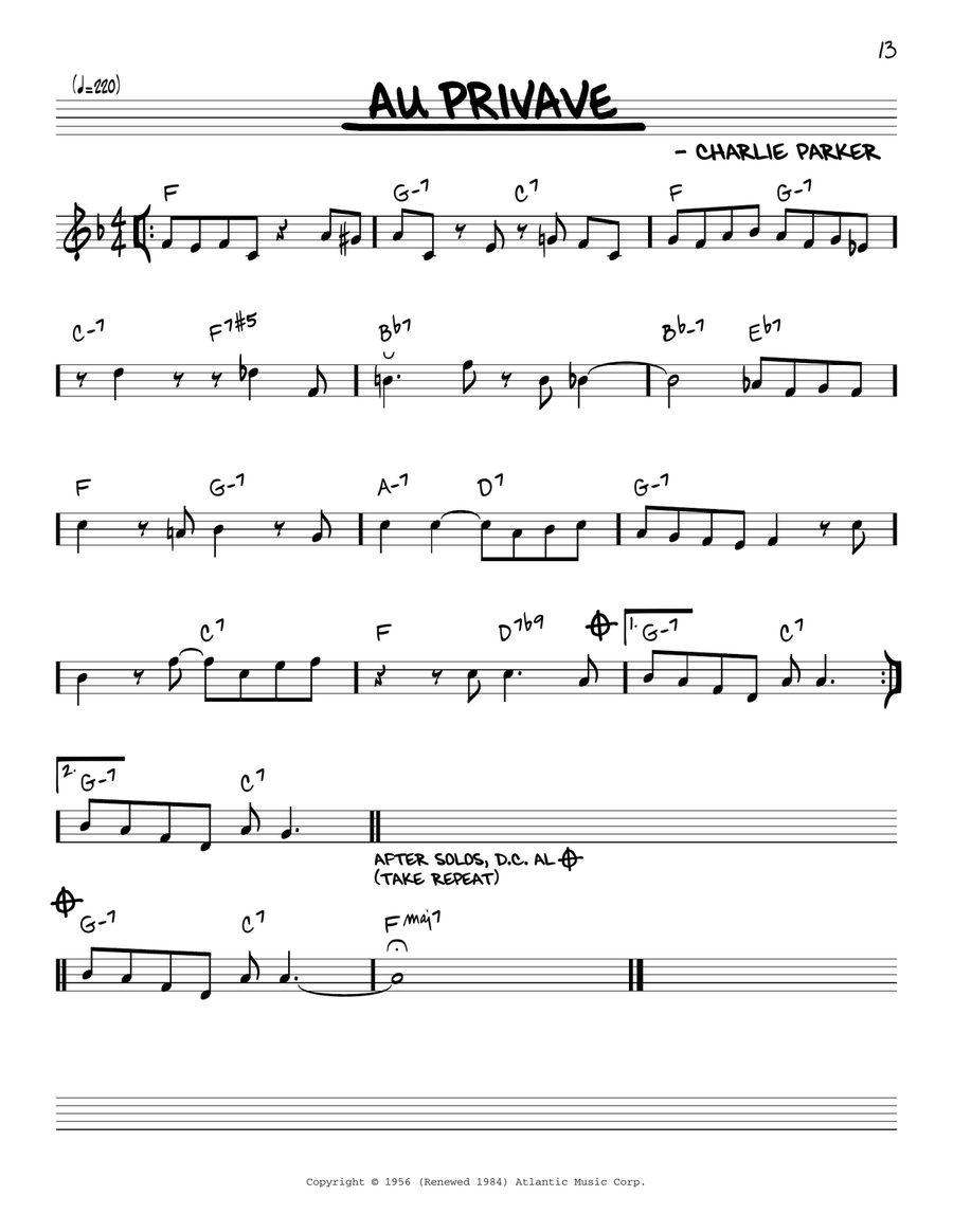 Au Privave by Charlie Parker C Instrument Digital Sheet Music