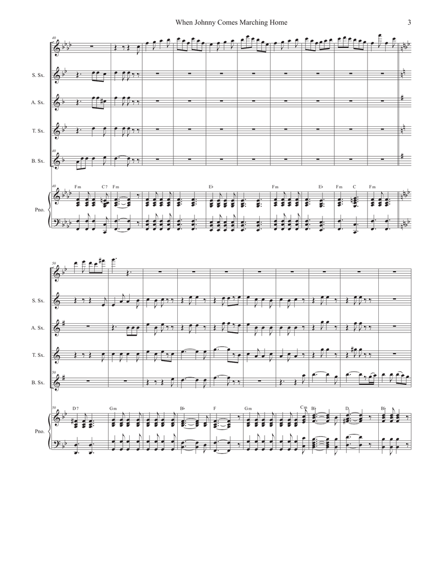 When Johnny Comes Marching Home (Saxophone Quartet and Piano) Woodwind Ensemble scores gallery preview page 3
