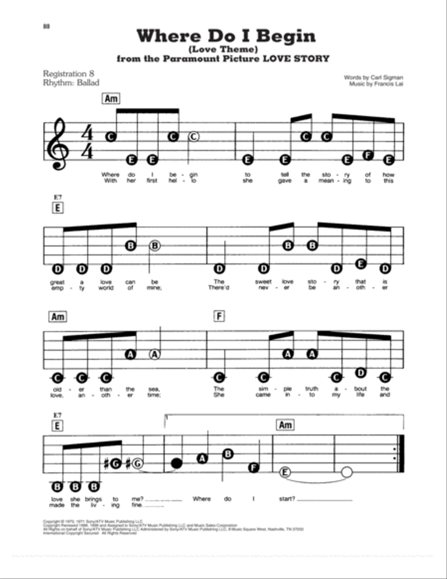 Where Do I Begin (Love Theme) (from Love Story) Electronic Keyboard scores gallery preview page 1