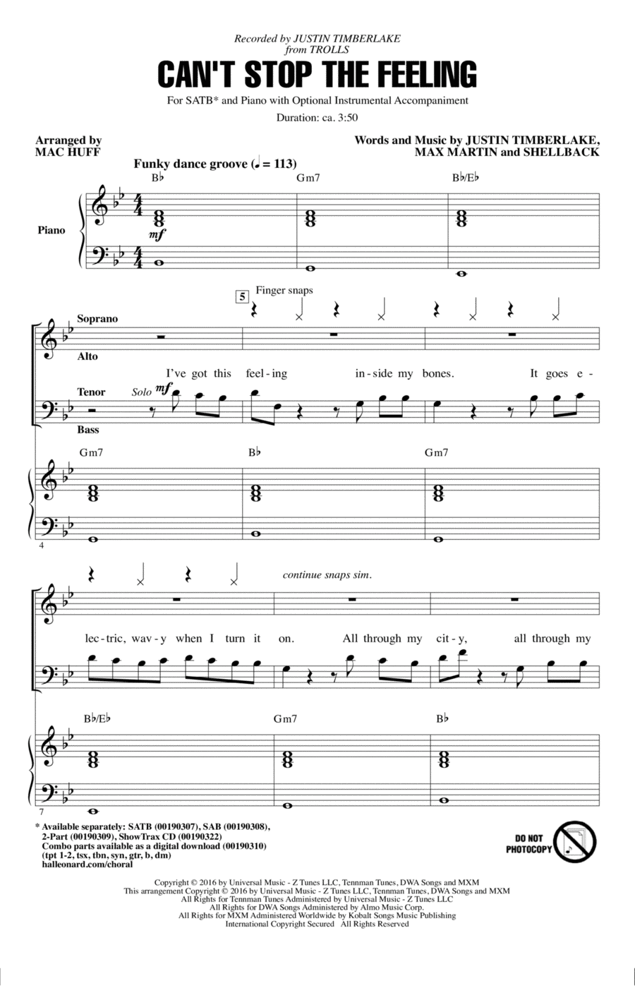 Can't Stop The Feeling (from Trolls) (arr. Mac Huff) 4-Part scores gallery preview page 1