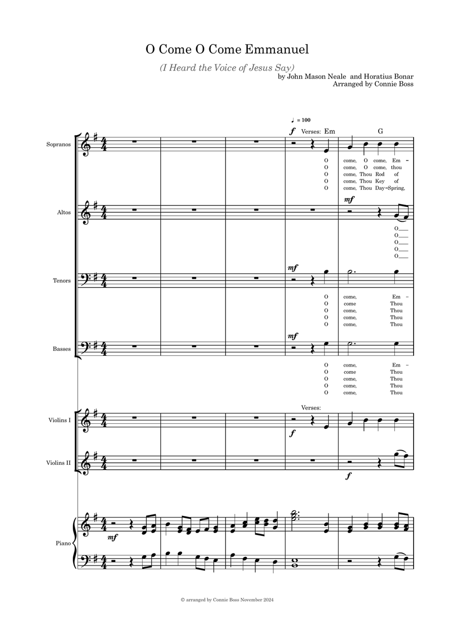 O Come O Come Emmanuel/I Heard the Voice of Jesus Say SATB, violin duet and piano 4-Part scores gallery preview page 1