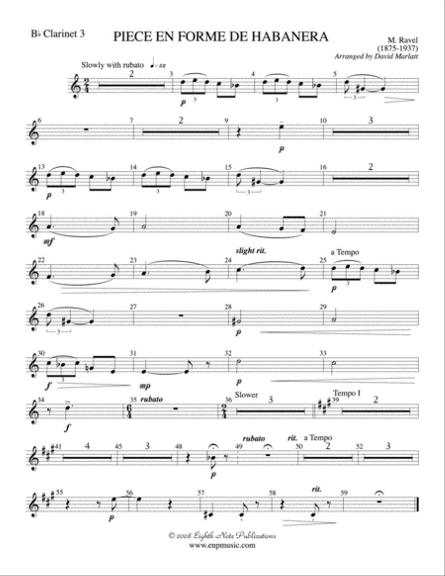 Piece en Forme de Habanera (Soloist and Concert Band): 3rd B-flat Clarinet Concert Band scores gallery preview page 1